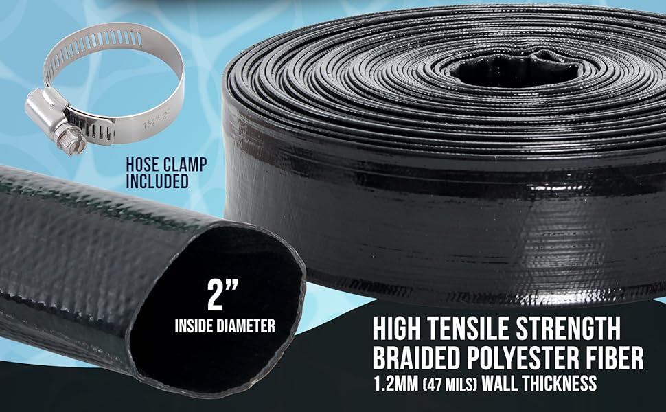 Black Rhino 2"x100' Extra Heavy-Duty Backwash Hose - Burst-Resistant Lay Flat Pool Drain Hose