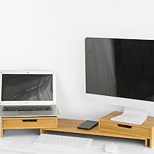SoBuy 2 Drawers Bamboo Monitor Stand Computer Screen Monitor Stand Monitor Riser Desk Organizer, Designed For 2 Monitors,BBF04-N 18 BBF04-N