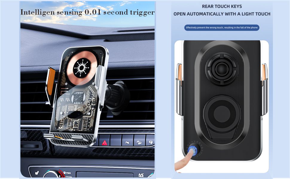 Car phone mount with automatic clamping feature. Left image shows device mounted on car vent. Right image displays the mount's front view with sensors.