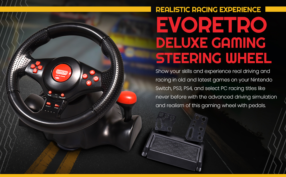 EVORETRO Super Gaming Steering Wheel with Pedals compatible for