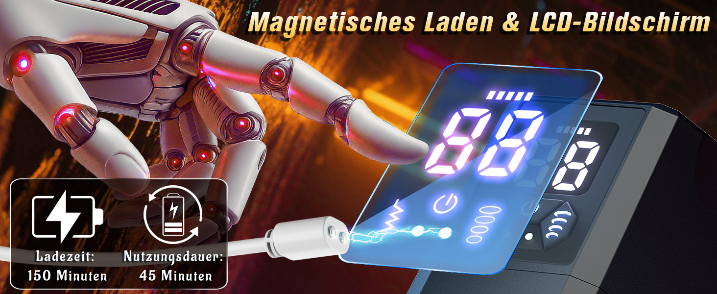 Der Text lautet „Magnetisches Laden & LCD-Bildschirm“. Nahaufnahme des Digitaldisplays mit blauen LED-Zahlen und Ladeanzeigen.