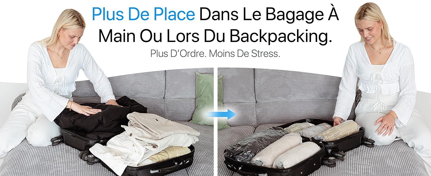 Le texte se lit comme suit : « Plus De Place Dans Le Bagage À Main Ou Lors Du Backpacking ». Image divisée montrant des sacs de rangement sous vide pour la compression des vêtements.