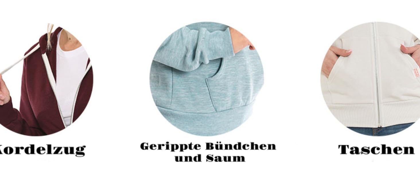 Disposition du produit présentant divers accessoires avec des étiquettes à texte allemand, notamment « Geriegne Bündchen » et « Taschen ».