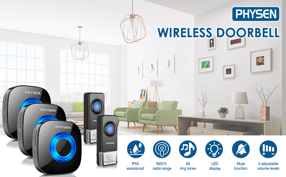 Wireless Doorbell, PHYSEN Door bell Chimes with Mute Mode, 58 Ringtones