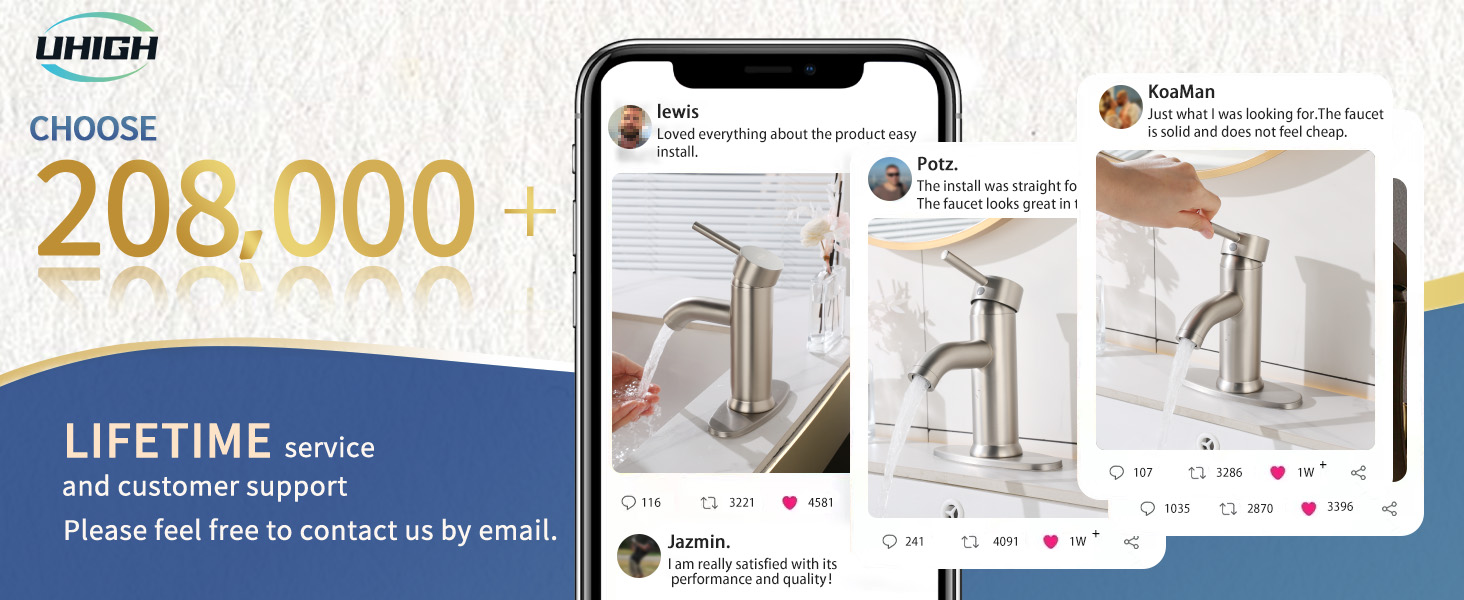 UHIGHPRO 1PC Brass Bathroom Faucets 5Minute Installation, Single Hole