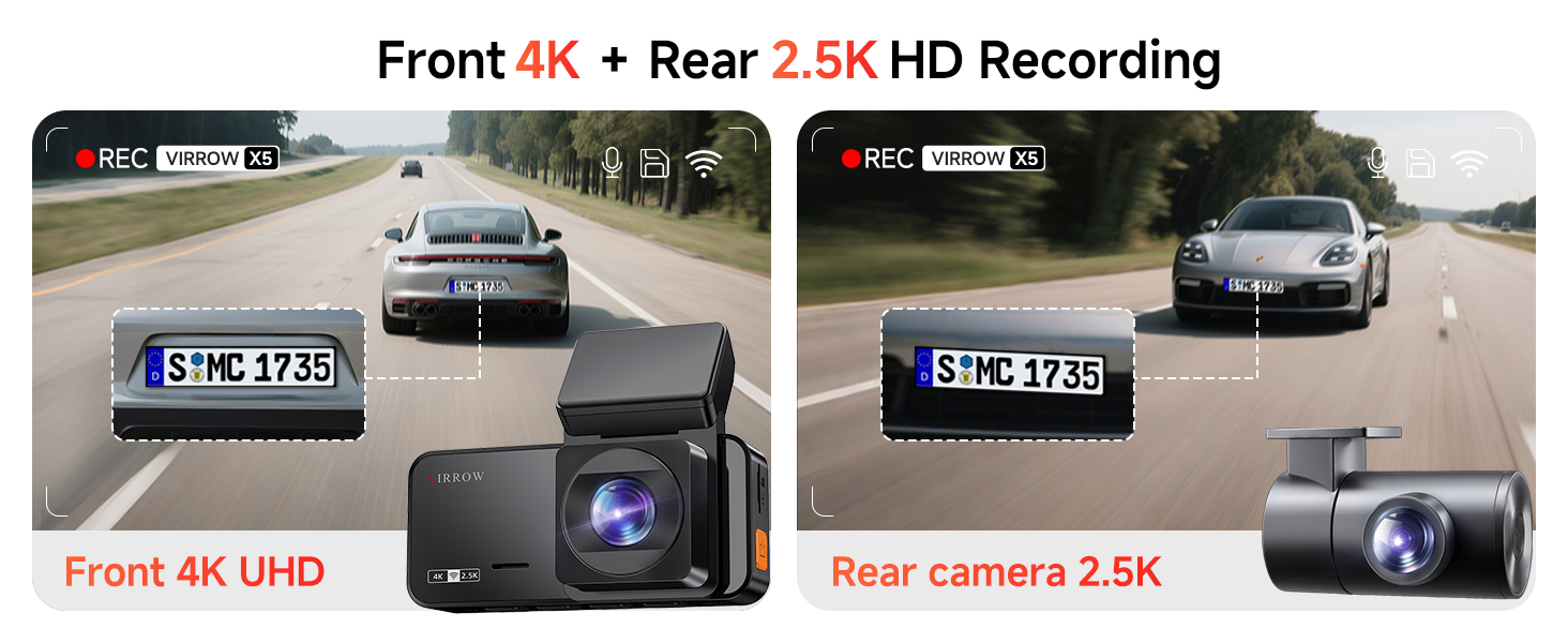 VIRROW 4k dash cam front and rear