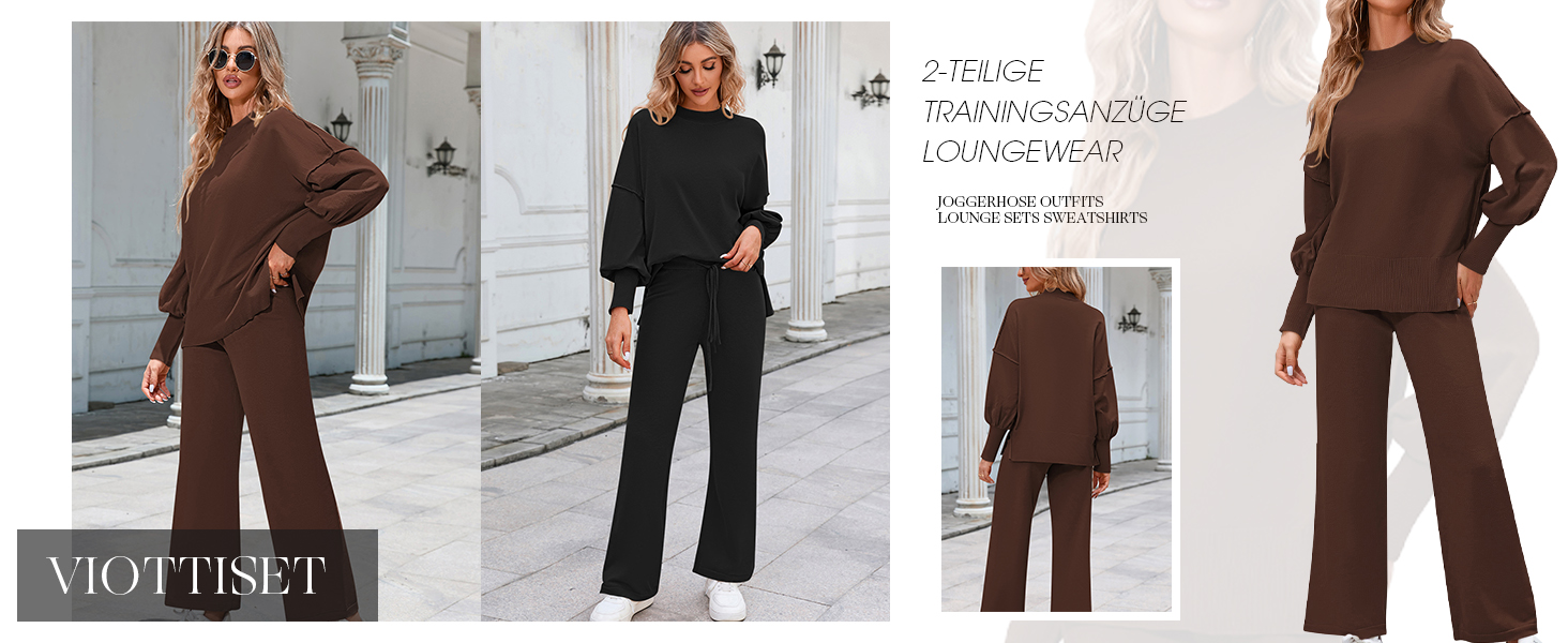 Viottiset Damen Lässiger Übergröße 2-Teiliges Lounge Set Outfit Sweatsuit Langarm