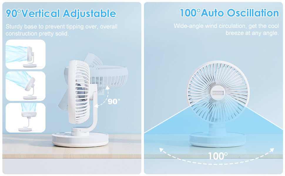 LIPONTAN Desk Fan, Portable Cooling Fan Rechargeable USB Oscillating