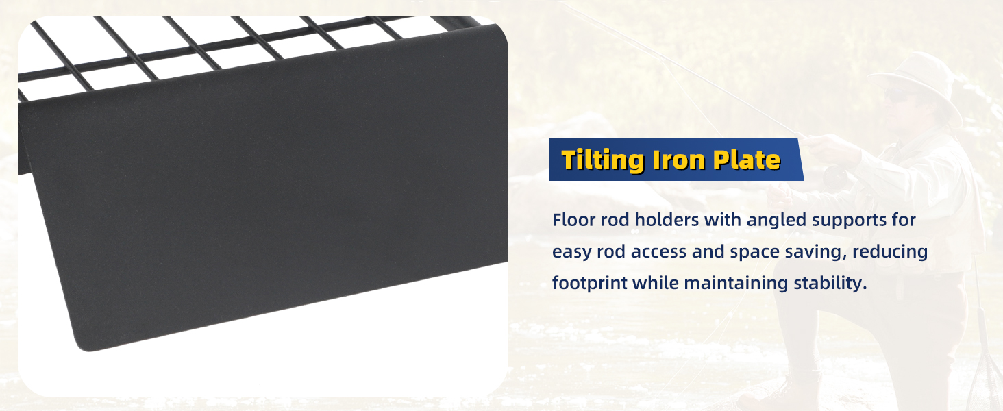 Black metal filing organizer with angled dividers. Text indicates it's a 'Tilting Iron Plate' with four rod holders for easy access and space-saving.