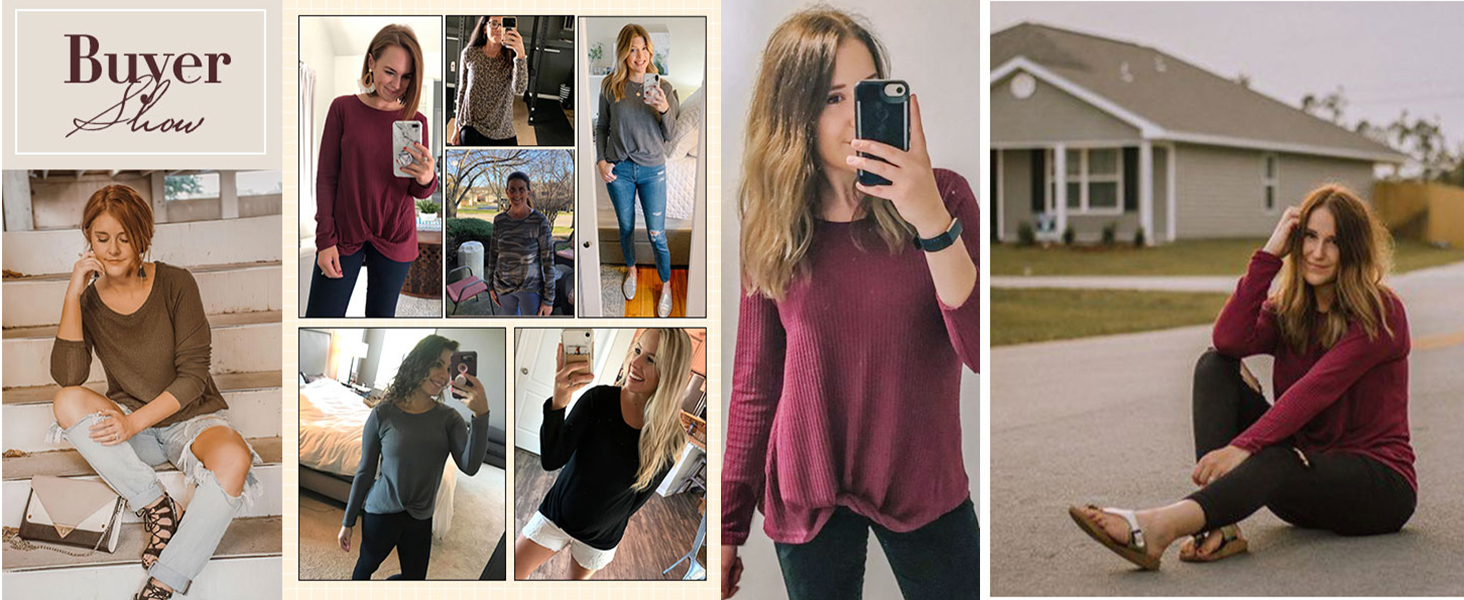 Womens Casual Tops Long Sleeve Cute Twist Knot Waffle Knit Shirts