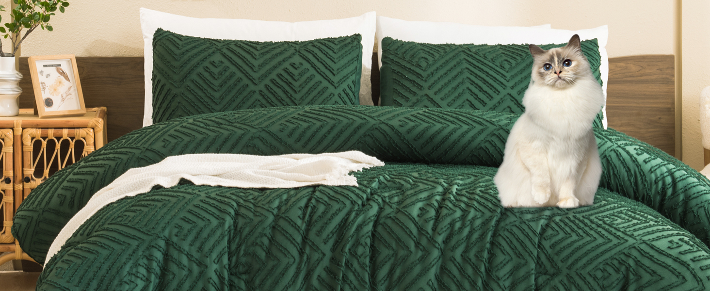 Andency Dark Emerald Green Boho Queen Comforter Set