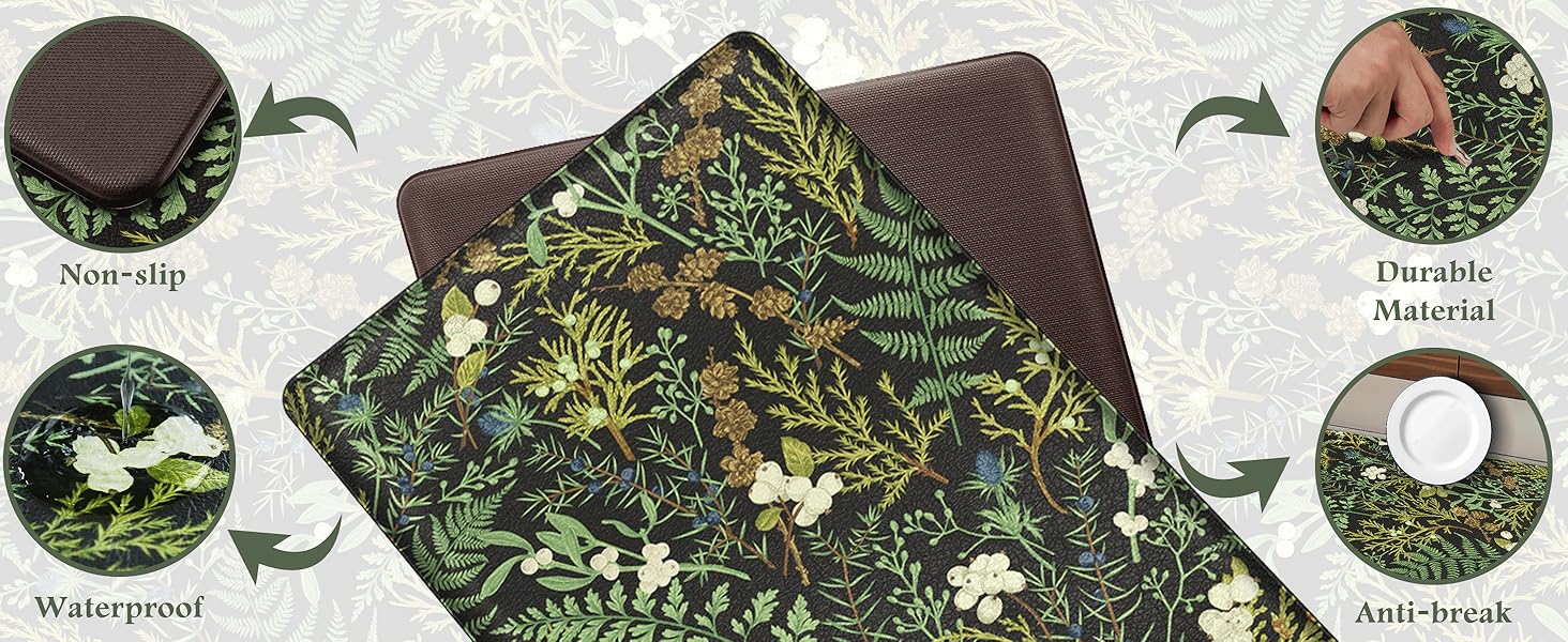 Black Green Botanical Kitchen Rugs Set of 2 Plant Leaf Anti-Fatigue Kitchen Mat