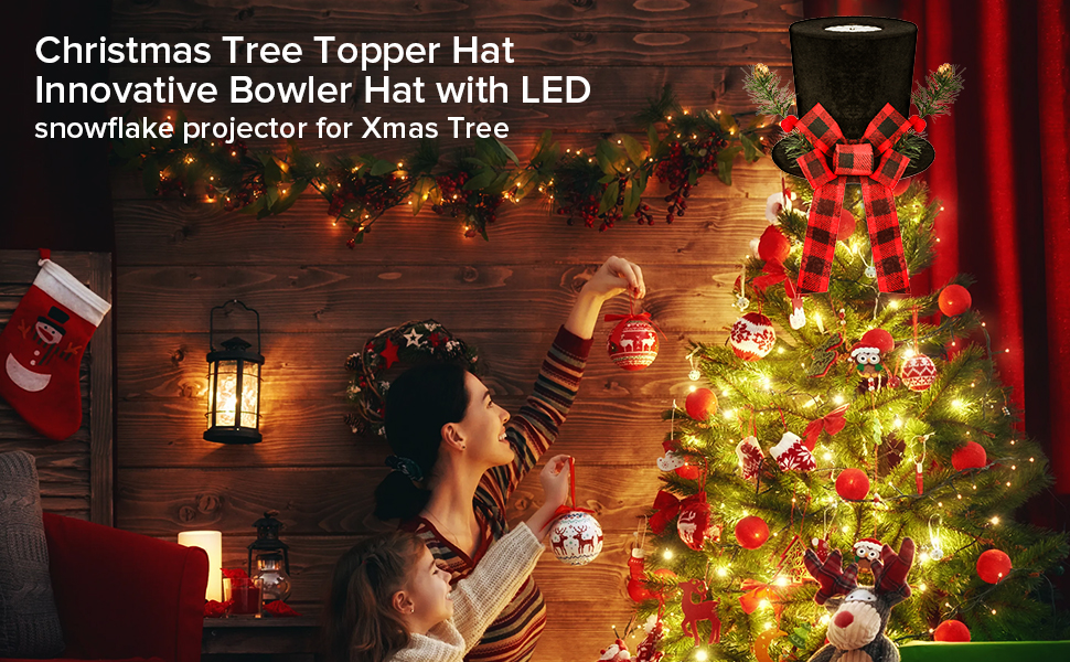 BLOOMWIN Christmas Tree Topper Hat Lighted with Snowflake Projector, Black Velvet Bowler Hat