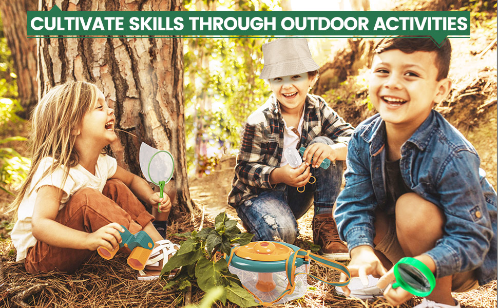Text reads 'CULTIVATE SKILLS THROUGH OUTDOOR ACTIVITIES'. Group engaged in outdoor activity in wooded setting with camping gear.