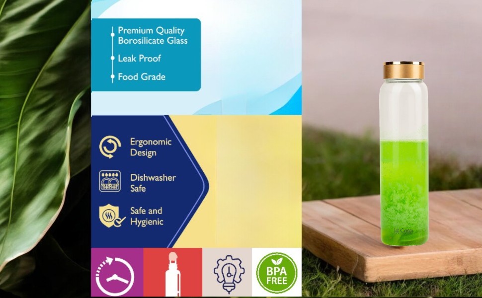 LeCasa - Borosilicate Glass Bottle With Golden Colour Screw Lid - 3079 | Capacity - 500ML