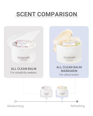 Scent comparison of two All Clean Balm products: original for simplicity seekers and Mandarin for citrus lovers. Slider shows moisturizing to refreshing spectrum.