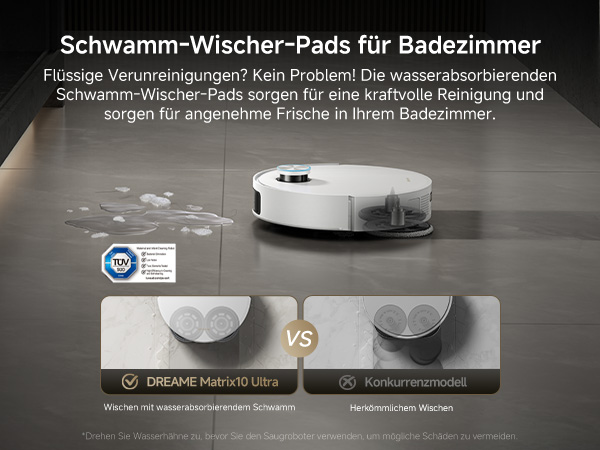 Text: 'Schwamm-Wischer-Pads for Badezimmer'. Bilder zur Produktdemonstration, die Badreinigungspads oder -tücher mit deutschem Text und Oberflächenelementen zeigen.