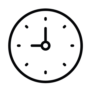 Icône d'horloge simple en noir et blanc indiquant 4h30, avec des index autour d'un cadran circulaire et des aiguilles minimalistes