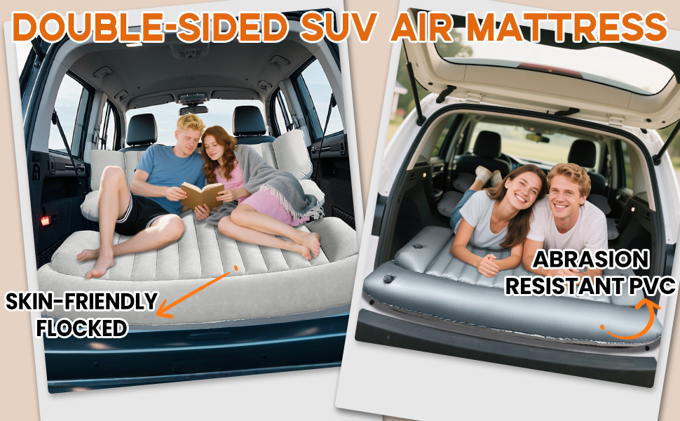 Le texte indique « MATELAS GONFLABLE DOUBLE FACE POUR SUV ». Les caractéristiques du produit présentées incluent « DOUX POUR LA PEAU », « RÉSISTANT À L'ABRASION » et « VERROUILLÉ ». Plusieurs vues du matelas gonflable pour voiture.