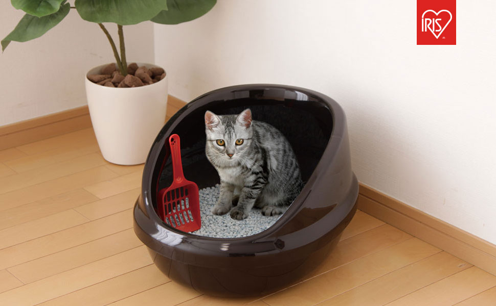 Iris Ohyama Cat Litter Tray with Scoop, Up to 4kg, Gray, Open Top, Cat