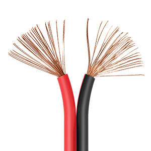 Close-up of two electrical wires, one red and one black, with exposed copper strands splayed out at the ends. The wires appear to be flexible and suitable for electrical connections.
