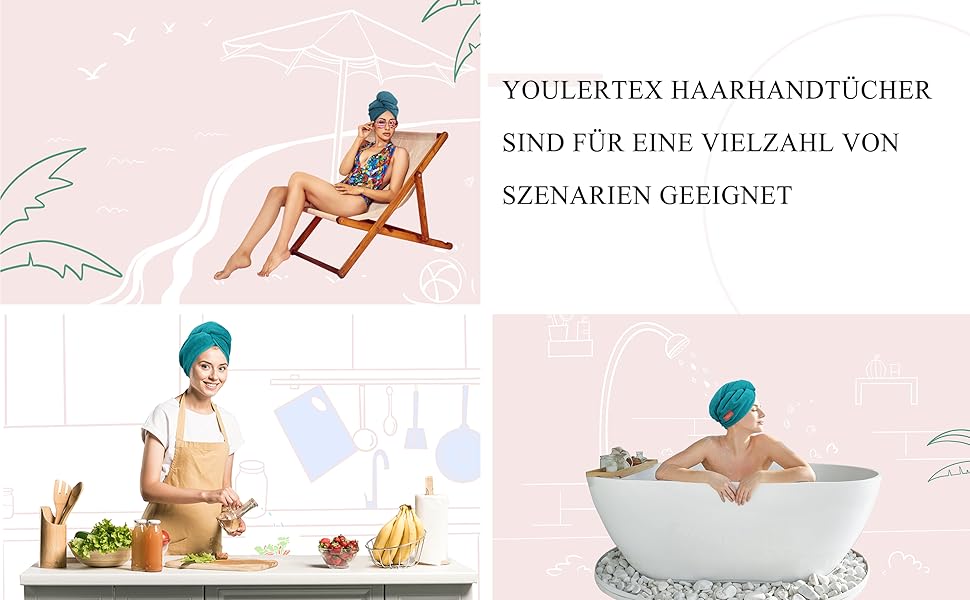 Lifestyle-Produktfotografie mit drei Paneelen, die verschiedene Verwendungsmöglichkeiten eines Handtuchprodukts zeigt, vor einem zartrosa Hintergrund mit dekorativen Pflanzenelementen