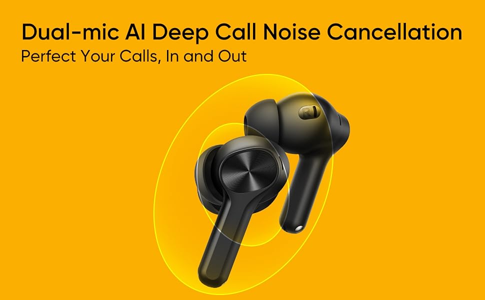 Dual-mic AI Deep Call Noise Cancellation on realme Buds T200 Lite for clearer calls