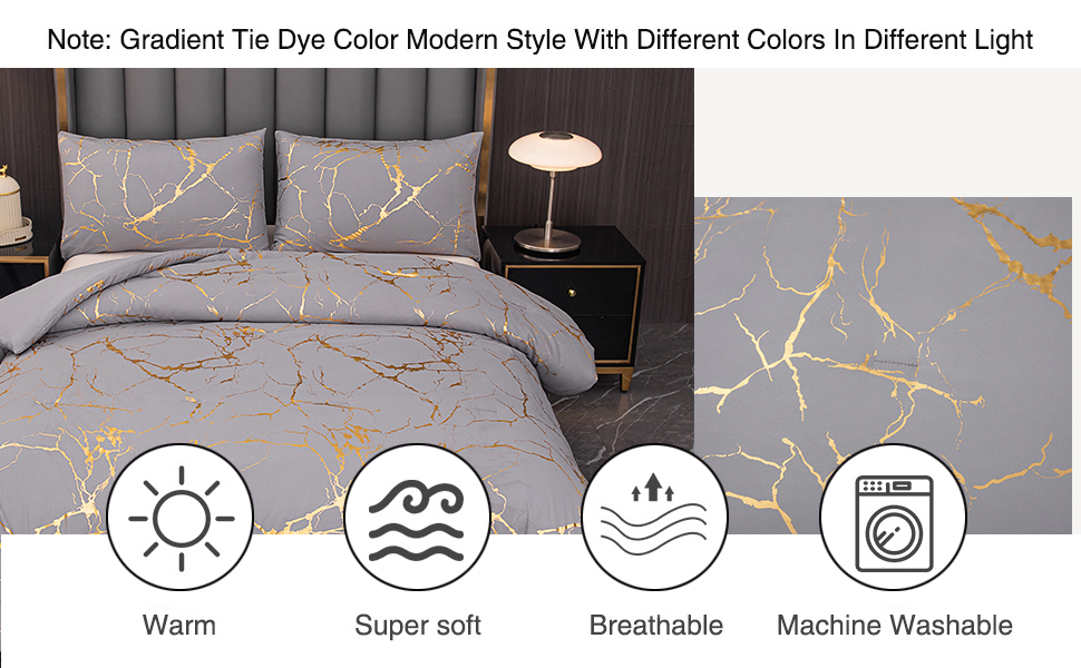 MWMWMW Grey Comforter Set King, Marbling Gold Glitter Bedding Set Gray and Gold
