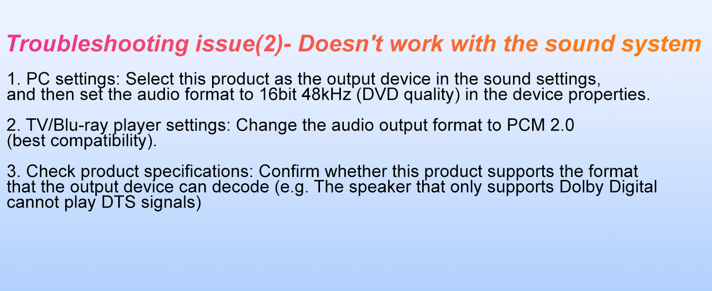Text reads 'Troubleshooting Issues:' followed by technical support information about sound system compatibility and speaker functionality.