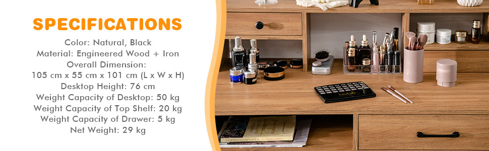 COSTWAY Multifunctional Dressing Table, Vanity Makeup Desk With 3 Drawers And Open Shelves, Home Office Bedroom Computer Desk Writing Study Table 14 4