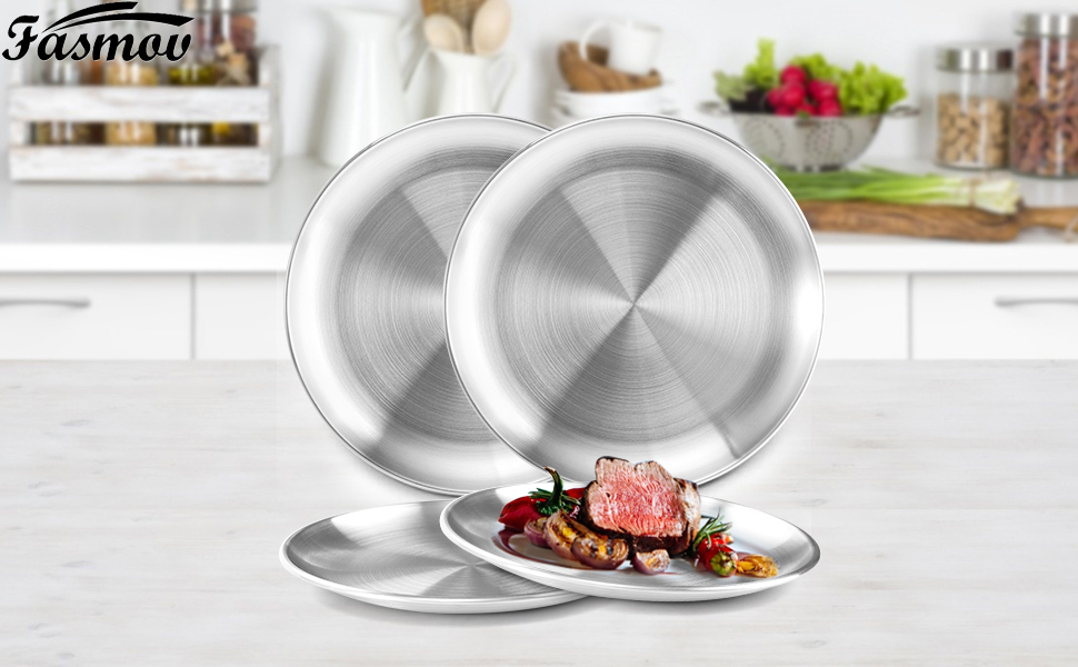 Fasmov 8 Pack 8 inches 18/8 Stainless Steel Plates, Metal 304 Dinner