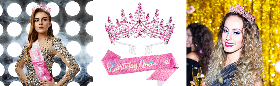pink birthday tiara crown sash for women