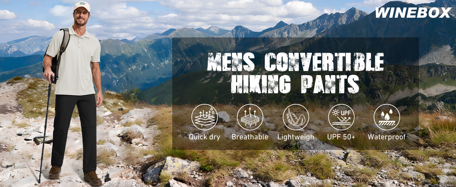 Text reads 'MESS CONVERTIBLE HIKING PANTS'. Outdoor scene with mountainous landscape background showing product demonstration.