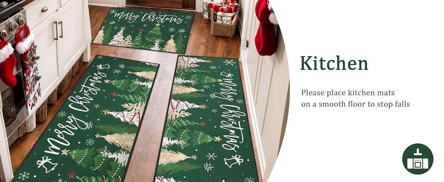 Capslpad Green Xmas Trees Christmas Kitchen Rugs Set of 3
