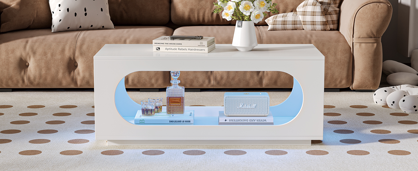  White Led Coffee Table for Living Room,Rectangular Contemporary Center Table with Storage