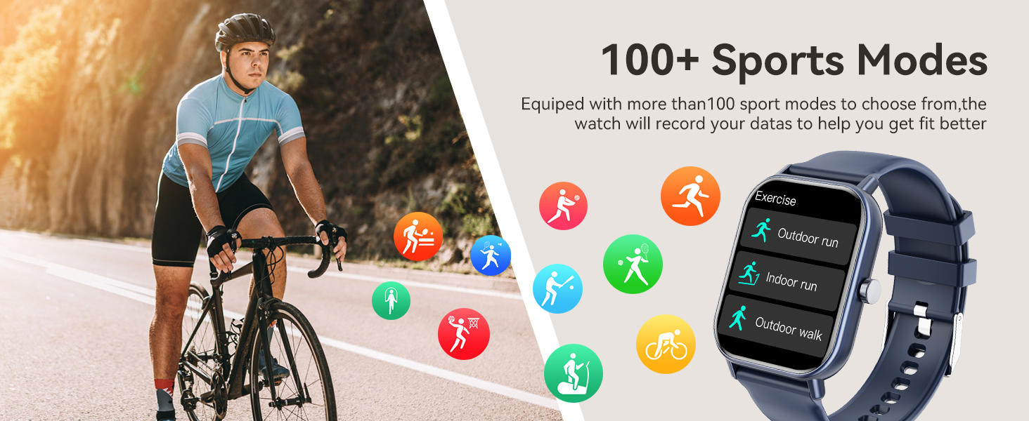 Smartwatch with blue strap displays sports modes on screen. Cyclist in background. Icons show various activities. Text mentions '100+ Sports Modes' for fitness tracking.
