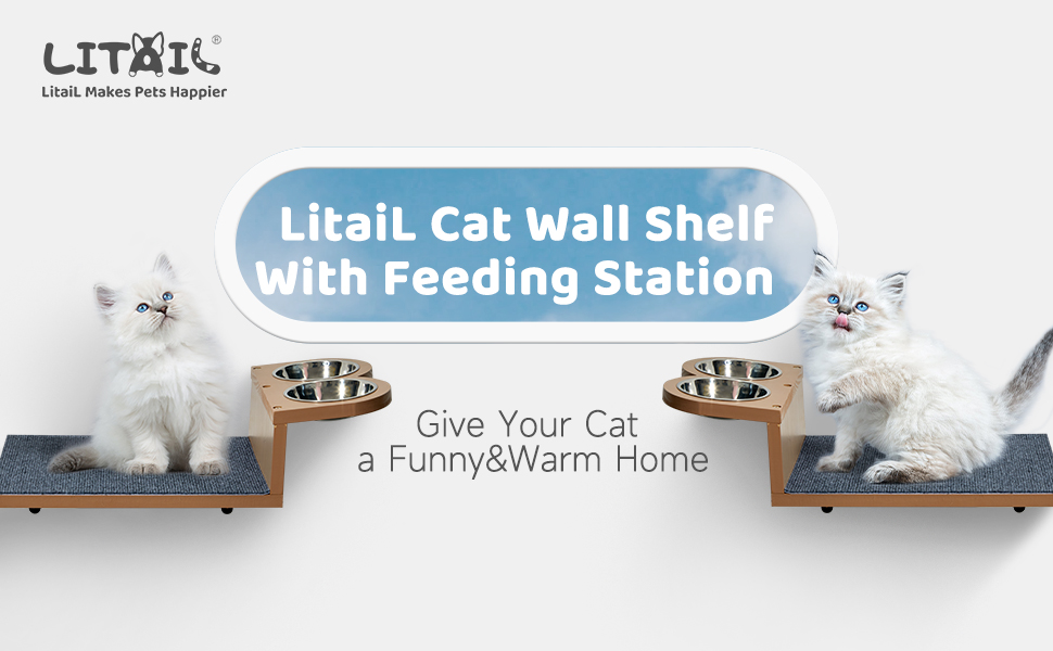 LitaiL Cat Feeding Shelf, 15° Tilted Feeding Position, Floating Cat Wall Shelf with