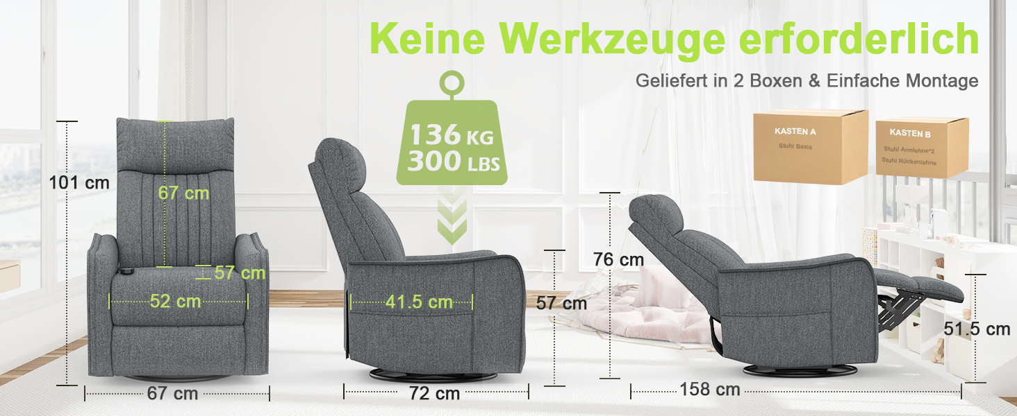 Diagramm einer dreiteiligen Liegesofagarnitur mit Abmessungen. Der deutsche Text weist darauf hin, dass für die Montage kein Werkzeug erforderlich ist