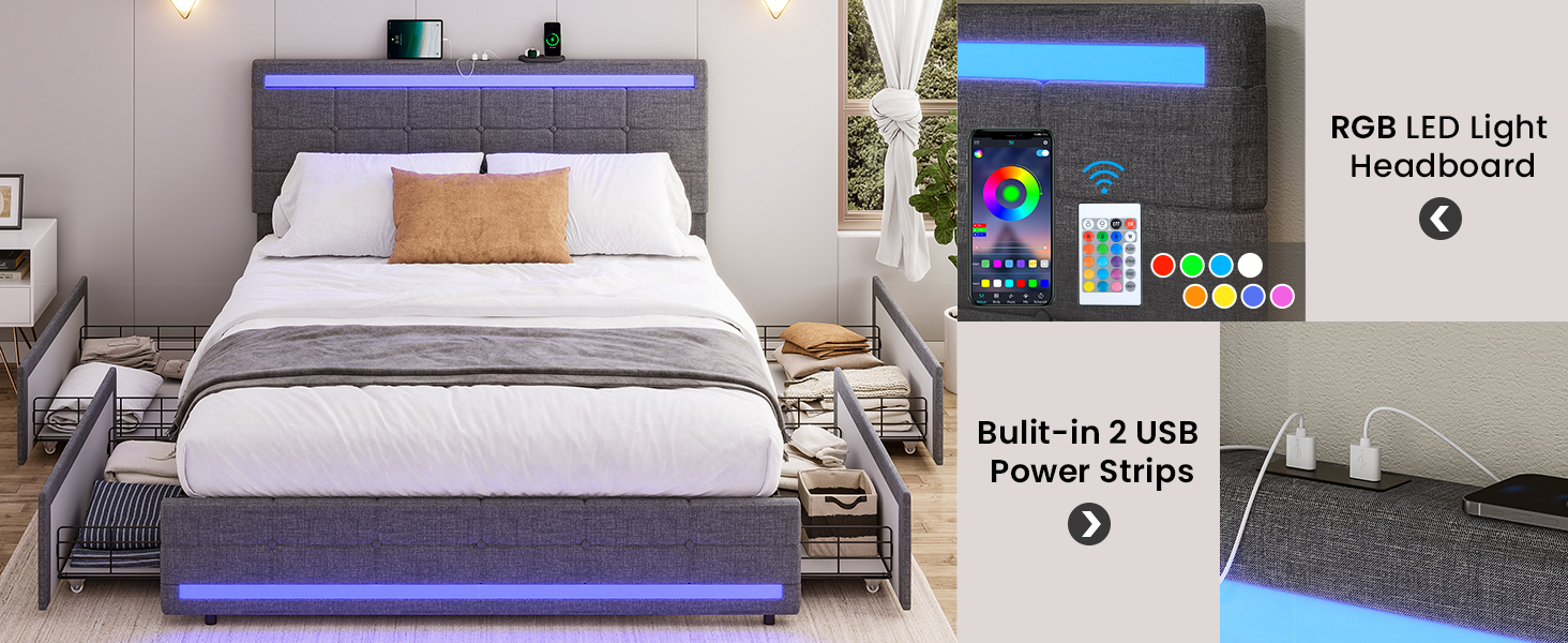 ADORNEVE LED Full Size Bed Frame with Storage Drawers, Platform Bed Frame with 2 USB