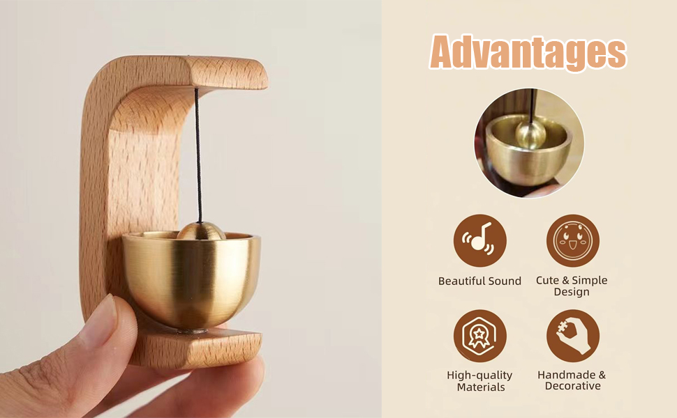 Handmade magnetic wind chime featuring a wooden frame and brass bowl with suspended bell