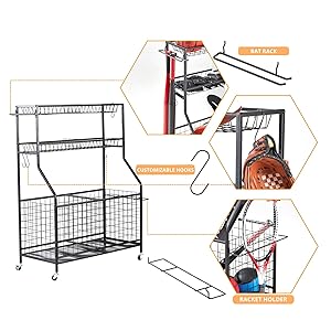Racket Holder, Bat Rack, Customizable Hooks for Gloves and Sports Accessories