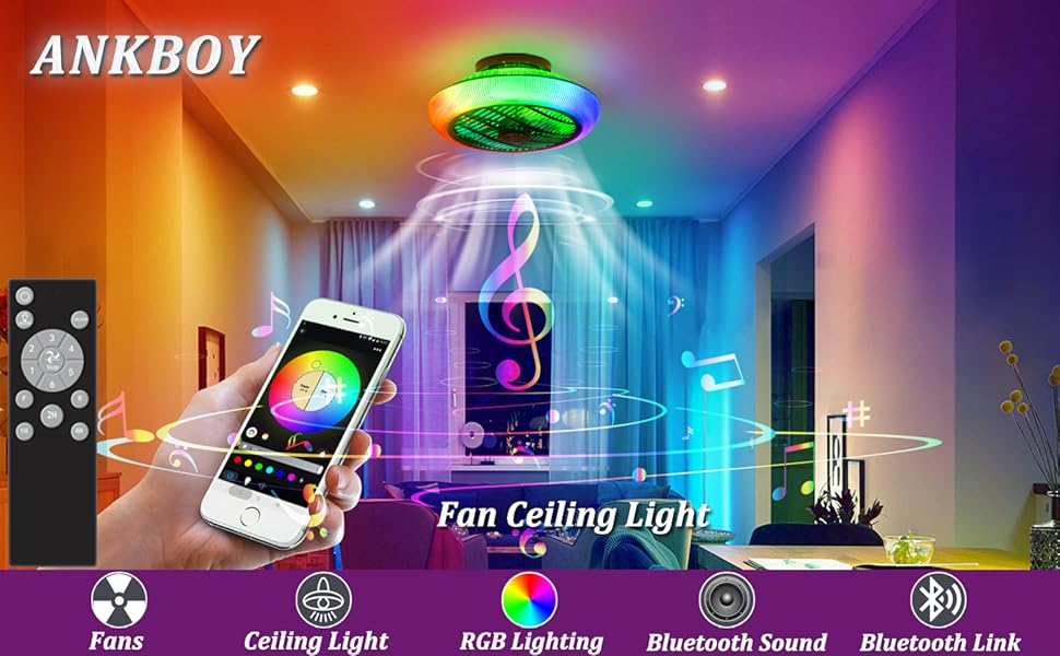 ANKBOY RGB Ceiling Fan with Lights and Remote, APP Control Color