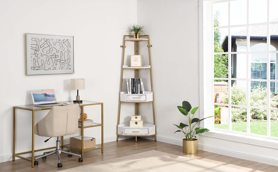TURRIDU Gold Corner Shelves with 4Tier and 2 Drawers