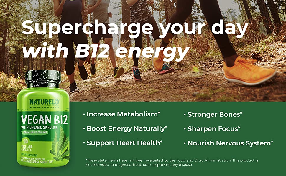 NATURELO Vegan B12 with Spirulina High Potency 1000mcg BioAvailable Methylcobalamin Best