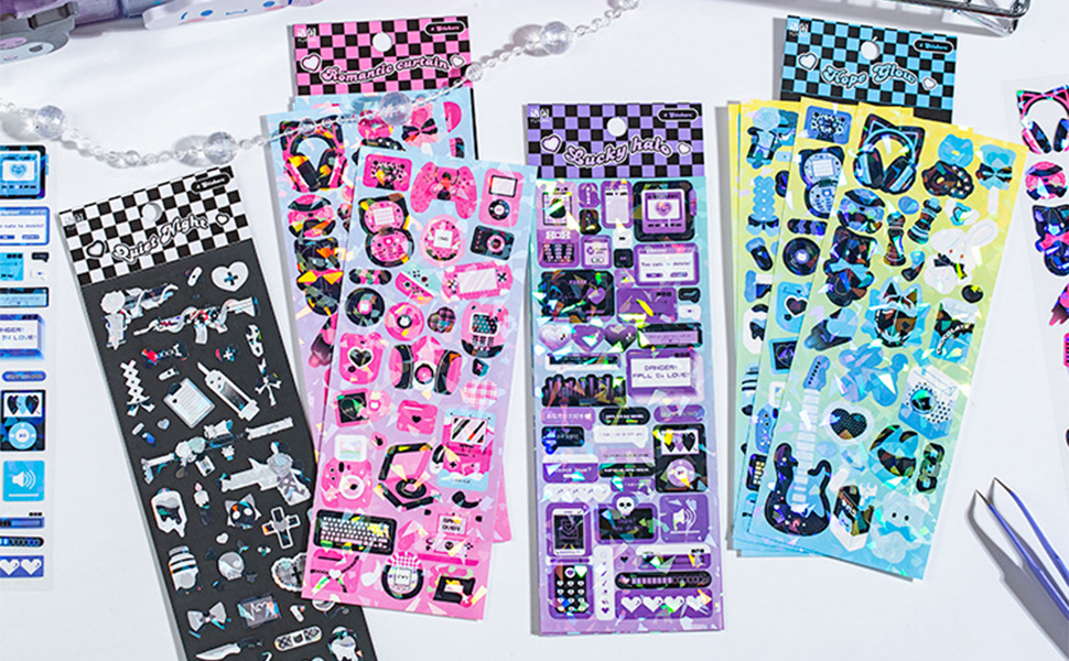 16 Sheets Korean Deco Stickers Set, DIY Colorful Glitter