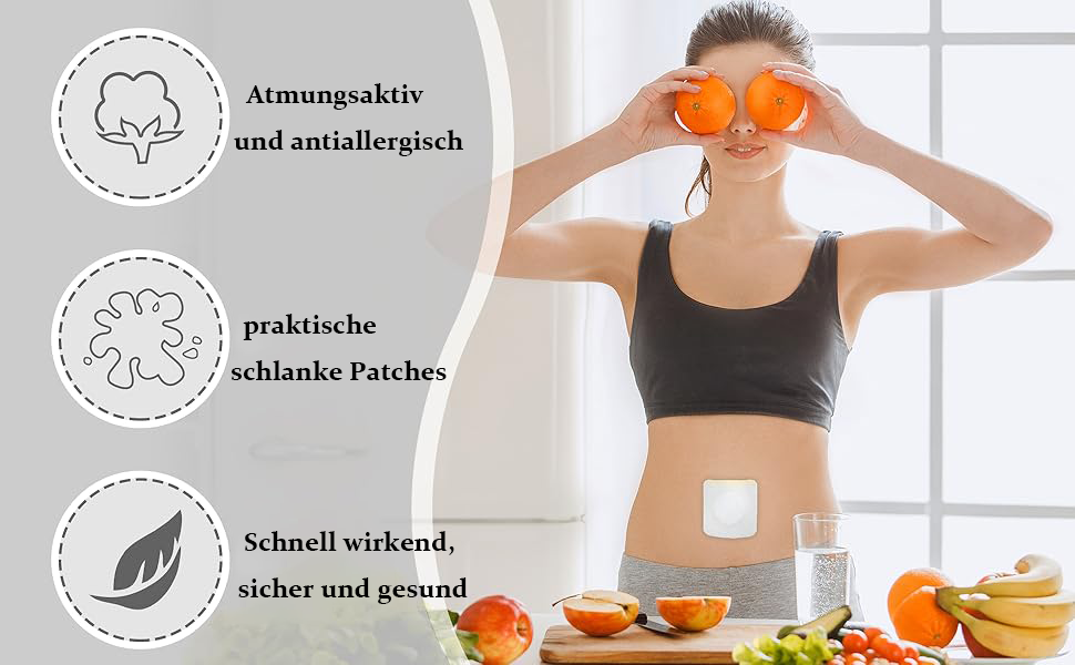 Woman holding orange halves over eyes, with icons showing product benefits. White adhesive patch visible on abdomen. Oranges and kitchen items on table.