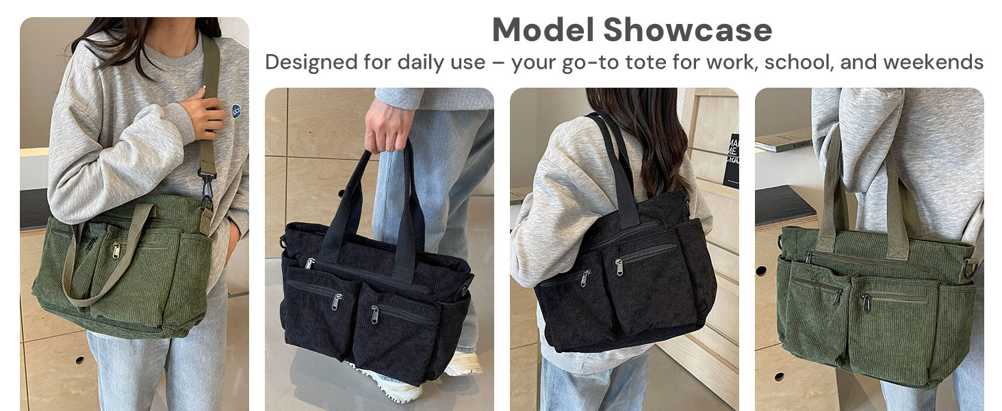Women modeling green and black corduroy tote bags for daily use including school and work