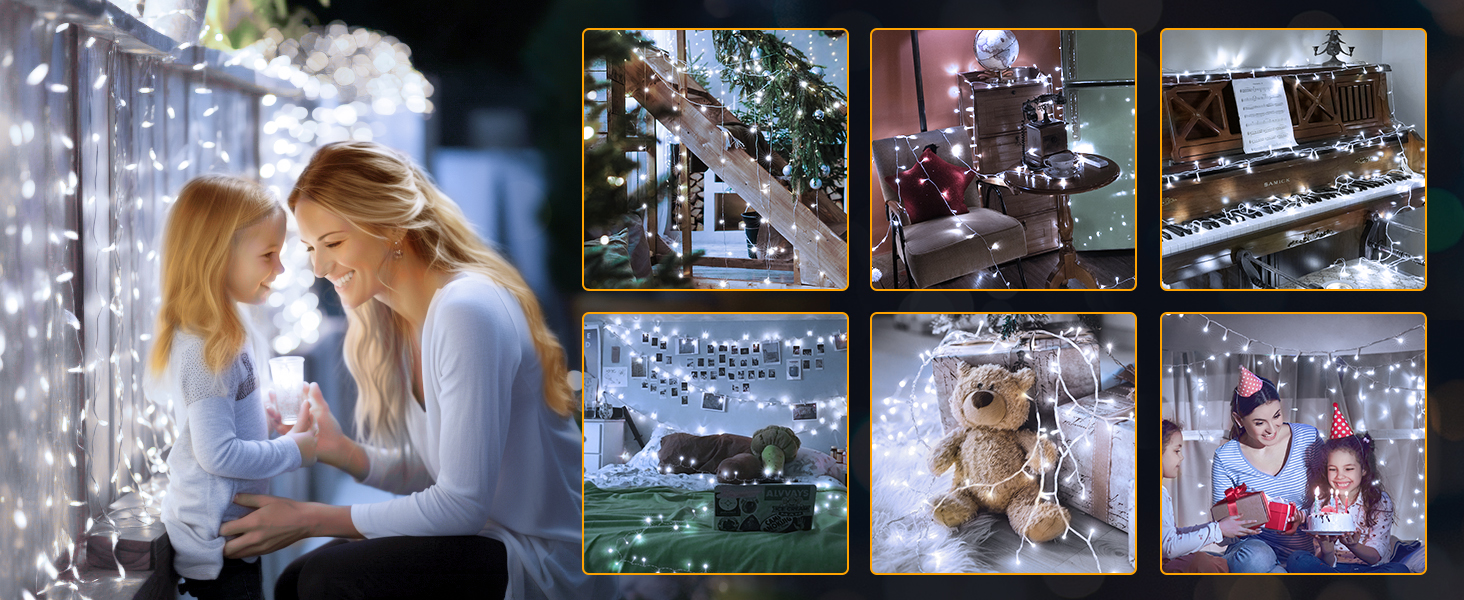 Collage of six images showing string lights in various holiday settings. Scenes include decorated trees, indoor and outdoor displays, and illuminated festive scenes.