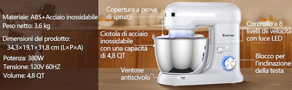 RELAX4LIFE Impastatrice Planetaria Professionale, Robot Da Cucina Multifunzione, Sbattitore Elettrico, Miscelatore Cucina Per Uso Alimentare, Con Ciotola Rotante Da 4,5 L, 8 Livelli, 1300 W (Nero) 16 8