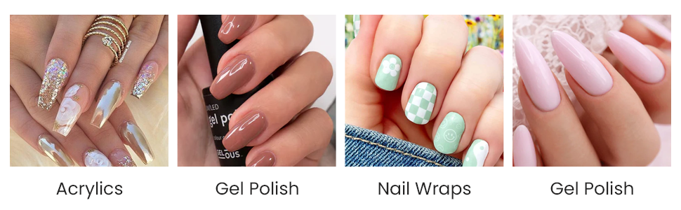4 sets of nails, acrylics, gel, nail wraps and gel